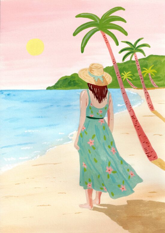 Femme sur la plage au coucher de soleil