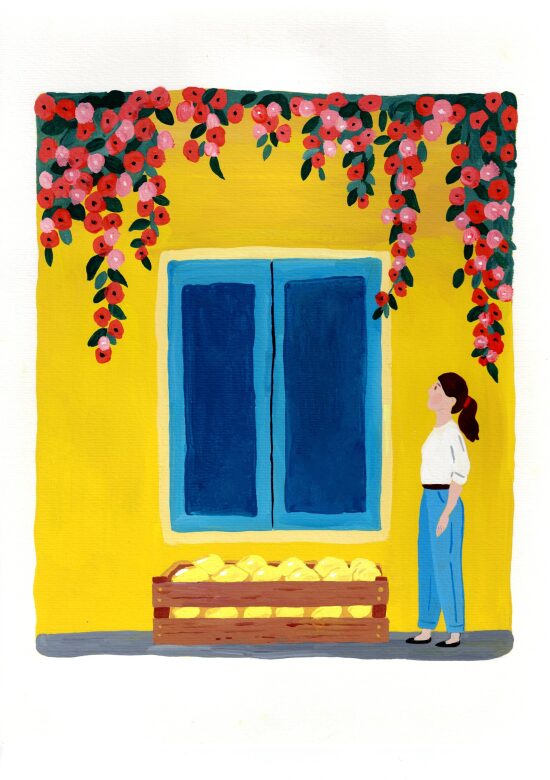 Fenêtre bleue, lianes et citrons