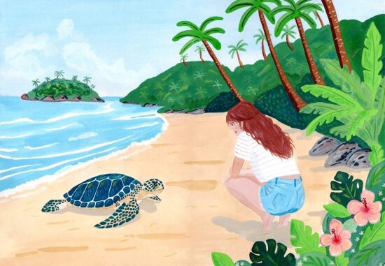 Femme interagissant avec une tortue