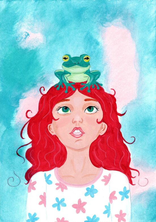 Fille aux cheveux roux avec grenouille