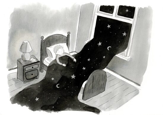 Garçon dans un lit sous les étoiles