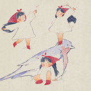 Fille en blanc et rouge avec oiseau bleu