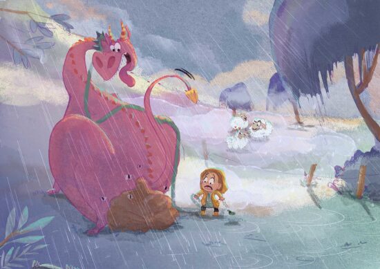 Dragon dans la rue sous la pluie