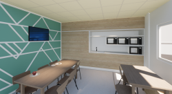 Cuisine équipée de 3 réfrigérateurs, et 4 micro ondes. Murs en tasseaux évoquant subtilement le logo  de Leroy Merlin - Marlène Waroux-architecte
