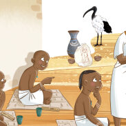 Égypte antique, enfants et homme en tunique blanche