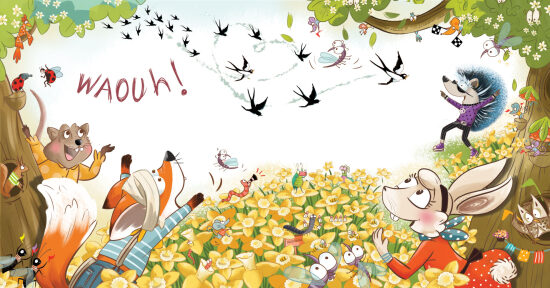 Foule de petits animaux dans un jardin de fleurs
