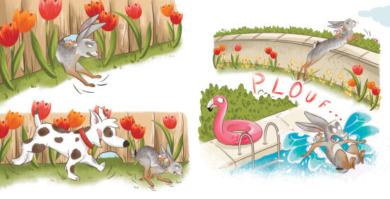 chien et lapin au jardin