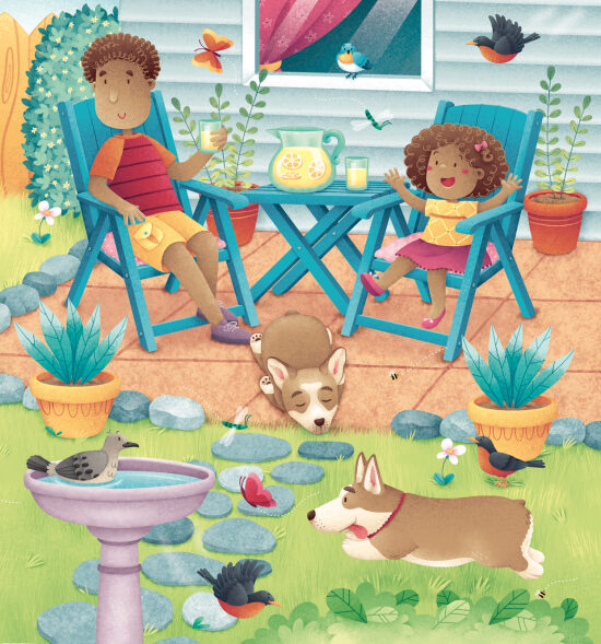Deux enfants et leurs chiens sur une terrasse