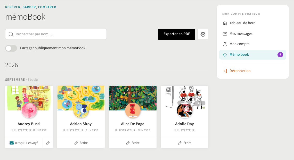 Le memoBook : recherche, partage public et export PDF
